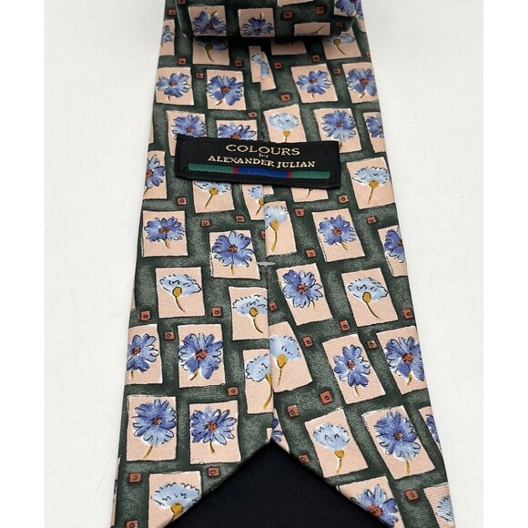 Vintage 1990s Colours by Alexander Julian Floral Silk Tie Green Pink USA - Picture 2 of 4